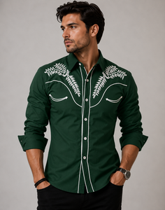 Camisa Occidental Bordada Verde para Hombre, Manga Larga, Cuello Camisero, Informal, de Popelina de Algodón, Antiarrugas, Corte Ajustado - Product Image 1