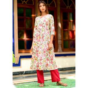 Ensemble de kurta décontracté rose à fleurs avec manches trois-quarts, taille XS - Product Image 6