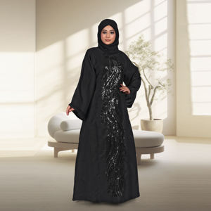 Abaya en lin avec panneau central brodé, coupe ample, manches longues, robe islamique contemporaine, tenue pour femmes du Moyen-Orient - Product Image 4