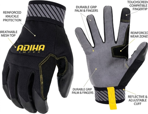 Gants de sécurité pour mécaniciens Adiha Impex, respirants, résistants à la chaleur, 8 mil, taille XL, noir et gris avec surpiqûres jaunes, sur mesure - Product Image 5