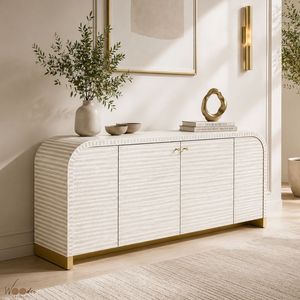 Modern Metal Rattan <b>Sideboard</b> with Brass Handles and Grey Stripe Pattern 4 ft <b>Storage</b> for Living Room Furniture - Product Image 5