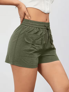 High Waist Cargo Shorts Solid Color Drawstring Elastic Waistband Casual Women's Athletic Short Pants - Product Image 3