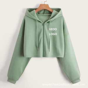 Sweat-shirt à capuche zippé pour femme, vert, en coton, décontracté, coupe courte, avec logo imprimé sur le devant, pour l'automne - Product Image 1