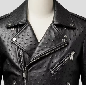 Veste en cuir de vachette de style motard, cuir embossé d'autruche, fermeture éclair de qualité supérieure, double col, qualité supérieure - Product Image 6