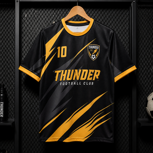 Maillot de football pour jeunes du club Thunder, noir et jaune, sublimé, manches courtes, col rond, respirant, en polyester, tenue d'équipe - Product Image 1