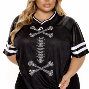 Camiseta de fútbol americano de malla para mujer con gráfico de esqueleto de diamantes de imitación de lujo, manga corta, transpirable, oversize, estilo streetwear, al por mayor - Product Image 3