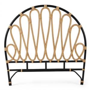 New Modern Minimalist Black <b>Frame</b> Curved <b>Rattan</b> Headboard <b>Bed</b> <b>Frame</b> Wood Eco-Friendly Double Queen Bedroom Furniture Upholstered - Product Image 1