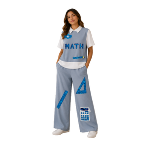 Back School Women's Two-Piece Long Set Custom Sequin Embroidery Light Blue <b>Pants</b> Casual Wear Regular Fit <b>Summer</b> Seasons 100% - Product Image 1