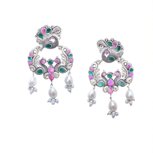 German Silver Peacock Style Chandelier Drop Earrings with Pearl and Diamond - Product Image 2