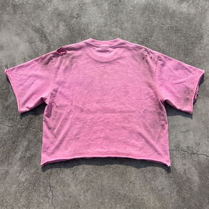T-shirt court unisexe rose à motif graphique, ourlet déchiré, coupe oversize, faible MOQ - Product Image 2