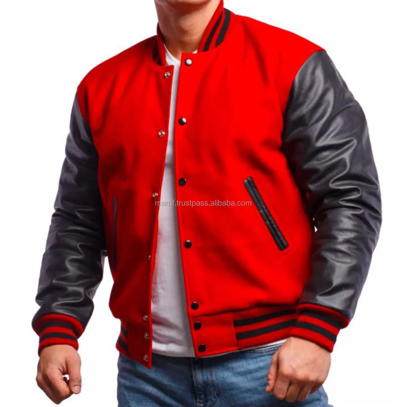 Classic Comfortable Embroidery Pattern Flight Bomber Jacket Custom for Men Clothing Bright Red with Black Color Leather