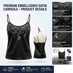 Women's Blue Satin Spaghetti Strap Tank <b>Top</b> <b>Beaded</b> Embellished Scoop Neck Elegant Camisole - Product Image 4