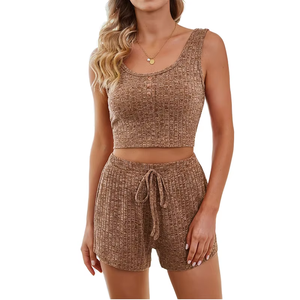 Ensemble de détente tricoté pour femme, haut court sans manches avec short à cordon de serrage, violet uni, vêtements de nuit d'été - Product Image 6