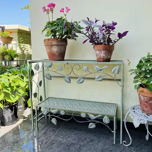 Mint Green 3 Tier Metal Plant <b>Stand</b> with Leaf Scroll Design Outdoor Garden Flower <b>Pot</b> Display Rack Patio Shelf - Product Image 2