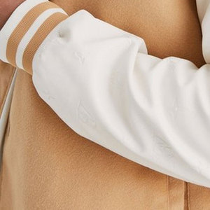 Men's Beige Varsity <b>Jacket</b> With White Sleeve And Logo Embroidery <b>Casual</b> Stand Collar Regular Fit Autumn Wear - Product Image 2