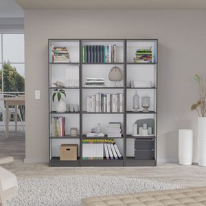 Set di Librerie Bartow in 3 Pezzi, Grigio Opaco e Bianco, Larghezza 152 cm con 15 Ripiani per Soggiorno - Product Image 1