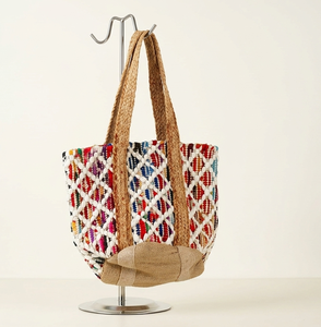Bohemian Jute Tote Bag With Diamond Lattice Pattern Crisscross Design Casual Shoulder Bag For Women Daily Use - Product Image 1
