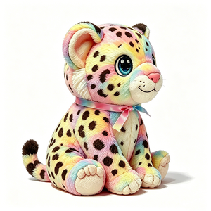 Peluche Leopardo Arcobaleno, Ghepardo Tie-Dye Pastello con Grandi Occhi e Fiocco, Morbido Gatto Maculato Colorato - Product Image 3