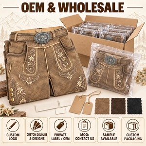 <b>Men's</b> <b>Brown</b> Leather Lederhosen With Embroidery And Button Closure High Waist Bavarian <b>Shorts</b> - Product Image 2
