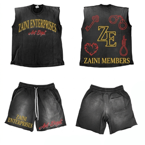 Ensemble T-shirt sans manches et short en coton 240 GSM de qualité supérieure, noir, effet délavé vintage, imprimé personnalisé, streetwear - Product Image 1