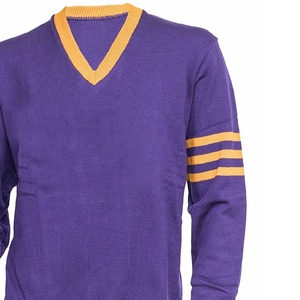 Pull tricoté violet pour homme à col en V avec bordure jaune et rayures sur les manches, manches longues, décontracté, automne - Product Image 5