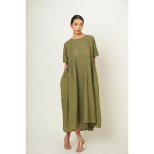 Robe longue trapèze vert olive en lin très demandée, à manches courtes, col rond, respirante, style simple avec poches, idéale pour le printemps pour femme - Product Image 6