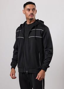 Ensemble de survêtement décontracté pour homme, noir, à capuche, respirant, design 2-en-1, manches longues, couleur unie, poids moyen, 100 % coton, avec cordon de serrage - Product Image 6