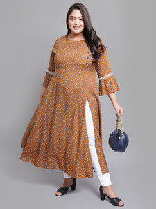 Kurti en rayonne marron à imprimé floral pour femme, coupe trapèze, avec manches cloche et col rond, pour grandes tailles, tenue décontractée quotidienne - Product Image 2