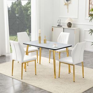 Set da Pranzo Bianco con Effetto Marmo, Piano in Vetro con Base in MDF e Gambe Affusolate in Metallo Dorato, 4 Pezzi - Product Image 4