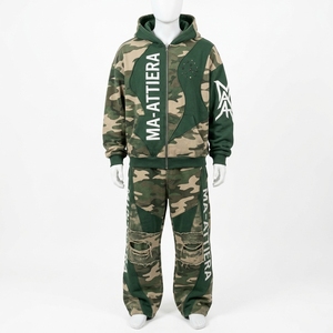 Conjunto de Sudadera con Capucha y Pantalones de Chándal para Hombre, Camuflaje Verde Beige, con Detalles de Paneles, Ajuste Holgado, Estilo Urbano, Personalizado, OEM, ODM, Venta al por Mayor - Product Image 3