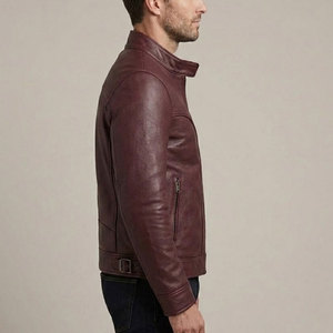 Veste en cuir de motard élégante pour homme, en cuir véritable, fermeture éclair intégrale, col montant, plusieurs poches, doublure douce - Product Image 5