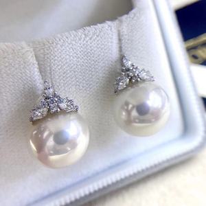 Boucles d'oreilles en argent sterling 925 avec œil de cheval, diamant moissanite, trèfle à quatre feuilles, avec perles naturelles rondes de 11 à 12 mm légèrement imparfaites - Product Image 2