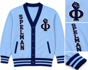 Cárdigan Bordado de la Hermandad Spelman College, Suéter de Punto Azul Claro con Cuello en V y Mangas Largas para Mujer, Estilo Preppy con Adornos - Product Image 4