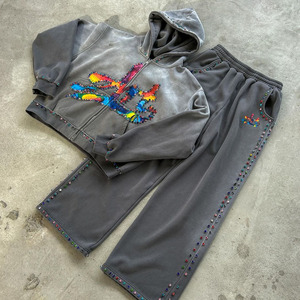 Conjunto de chándal unisex con cremallera y pedrería, pantalones de pierna ancha con letras aplicadas, etiqueta personalizada, estilo urbano, corte holgado, para otoño - Product Image 6