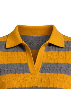Mono de punto a rayas amarillo y gris para mujer, manga corta, cuello polo, algodón, verano, informal, de una pieza, ajustado, diseño personalizado - Product Image 3