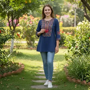 Women <b>Navy</b> Blue Embroidered Tunic <b>Top</b> Three Quarter Sleeve Loose Fit Ethnic Casual Blouse Floral Print Everyday Indian Fashion - Product Image 5