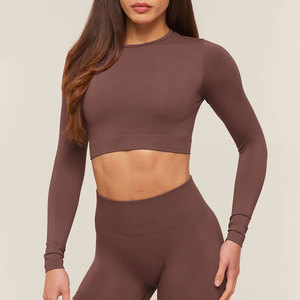 Chemise décontractée pour femme à manches longues, coupe courte personnalisée, compression, matière de haute qualité, col rond, ajustement parfait pour la gym, vente en gros - Product Image 1