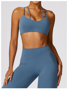 Women's High Waist Elastic Solid Yoga Sets Short Sleeve Backless Crop Top Strappy Yoga Bra Custom Logo Sexy Plus Size Design - Product Image 3