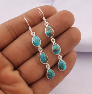 925 Sterling <b>Silver</b> Vintage <b>Blue</b> Copper Turquoise Bezel Setting Engagement Wedding Party Gift Drop <b>Earrings</b> 3-Tier Teardrop - Product Image 3