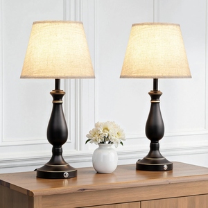 Ensemble de 2 lampes de table noires au design classique, base en métal luxueuse, abat-jour en tissu lin, élégante lampe de chevet, décoration d'intérieur. - Product Image 1