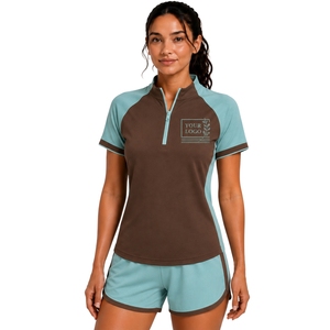 Conjunto Deportivo de Camiseta y Pantalones Cortos para Mujer, Color Marrón y Aqua, con Cierre de Media Cremallera, de Secado Rápido, Manga Corta, para Fitness, Gimnasio, Running, Personalizable - Product Image 1