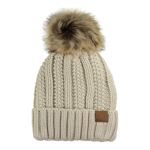 Gorro de Punto Rosa con Pompón de Piel Sintética, Color Sólido, Gorro de Invierno, Estilo Casual, Talla Adulto 56-58CM - Product Image 3