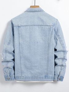 Veste en jean déchirée bleu clair pour homme, col rabattu, fermeture éclair, style vintage décontracté, manteau de printemps - Product Image 2