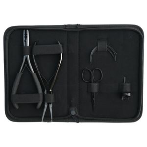 Hair Extension <b>Tools</b> <b>Kit</b> Black Rexine Case Parting Finger Curved Needle Thread Cutting Scissor 2 Hole Crimping Remover Plier - Product Image 6