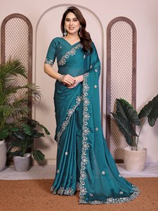 Sari de créateur haut de gamme extensible, infroissable, style moderne, avec bordure brodée florale riche |   Sari indien pour les fêtes de mariage - Product Image 4