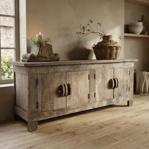Buffet en bois vieilli à quatre portes, style rustique campagnard, finition patinée, meuble de rangement pour salon - Product Image 3