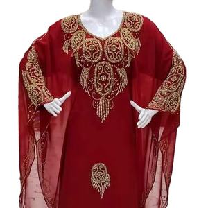 2024 dubaï Farasha caftan rouge marocain Design traditionnel musulman robe travail manuel pierre perles Premium mousseline de soie - Product Image 1