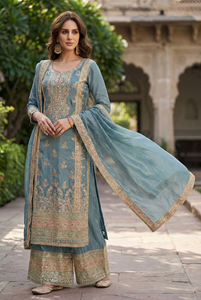 Designer <b>Kurta</b> Palazzo Dupatta Set Vichitra <b>Silk</b> With Embroidery Codding Sequence Work Buy Direct From Supplier At Bargain Price - Product Image 4