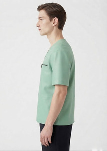 T-shirt en cuir pour homme avec logo personnalisé, col en V, fermeture éclair sur le devant, tissu extensible en PU, streetwear tendance, manches courtes - Product Image 6