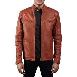 Men's Genuine <b>Leather</b> <b>Jacket</b> for Winter Breathable <b>Long</b> Sleeve Zipper Coat with Turn Down Collar Canvas Fabric - Product Image 2